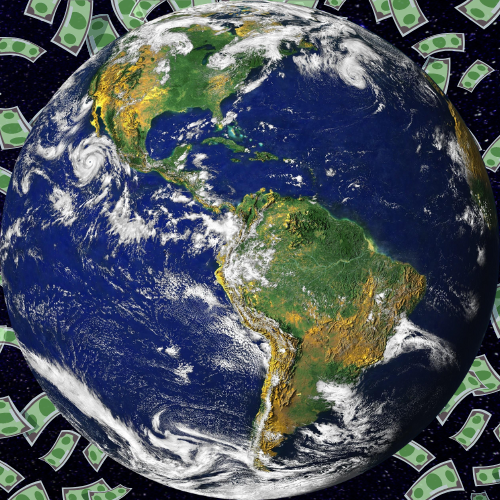 the Earth from space, surrounded by money